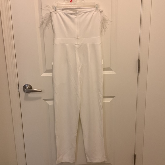 White Strapless Feather Trim Jumpsuit - Picture 6 of 7
